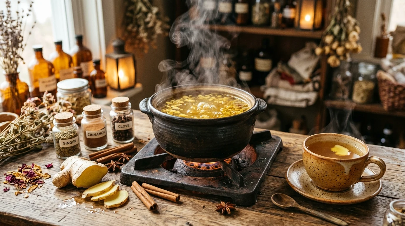 Golden Herbal Ginger Decoction in Clay Pot (AI Generated Image)