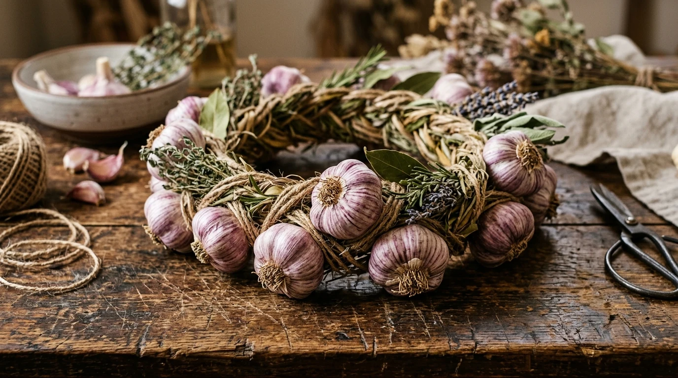 The Garlic Hat: History, Uses, and How to Make Traditional Headwear 1 Garlic Hat Traditional Headwear and Wreath (AI Generated Image)